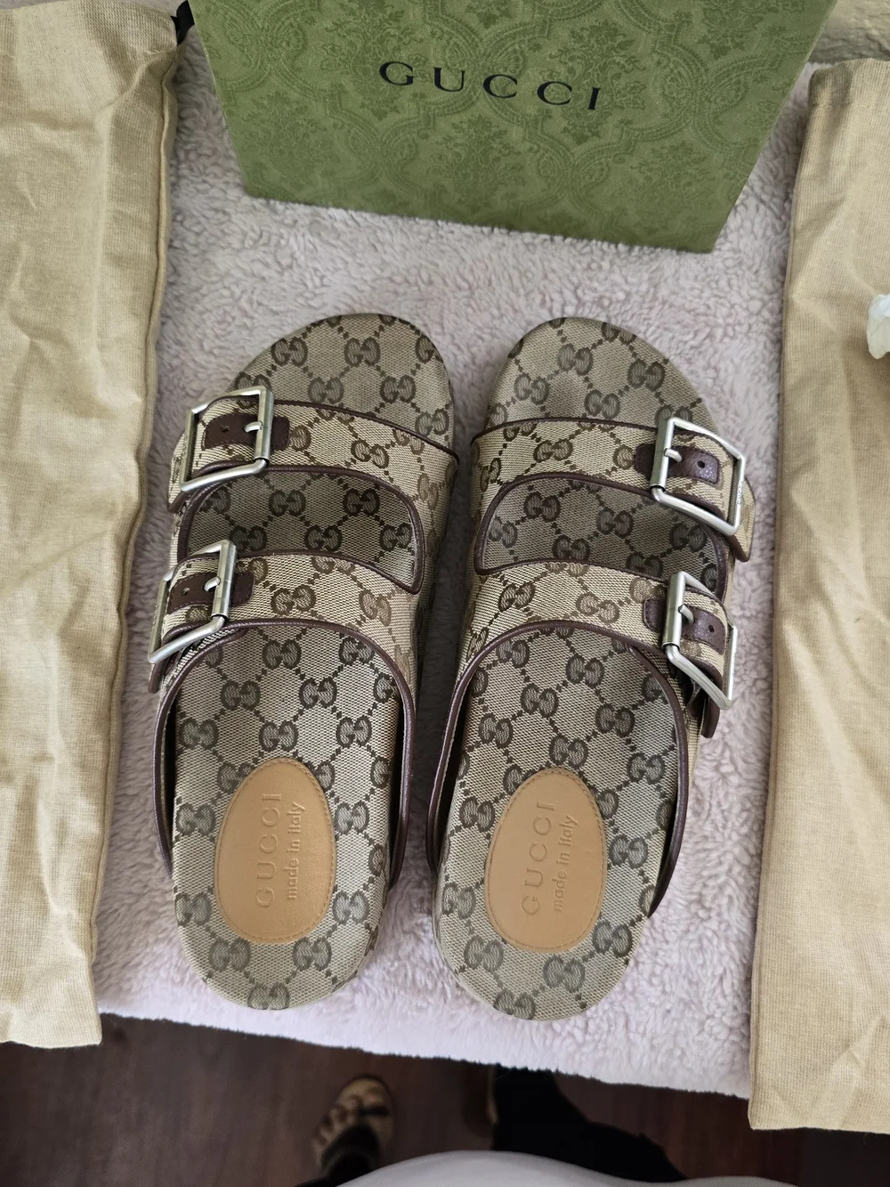Gucci GG Supreme Canvas Double Buckle Slide Sandals Size US 9 (Gucci 8) -